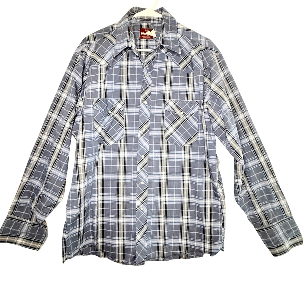 Vintage 1980s Wrangler Western Shirt Men's L Blue Plaid Pearl Snap Cowboy